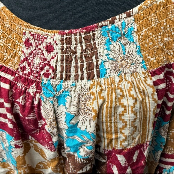 Cato Boho Patchwork Peasant Top Smocked Neck Bell Sleeve Floral Print L - Picture 3 of 10